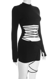 Green Turtleneck Lace-Up Cutout Dress Bodycon Long-Sleeve Mini