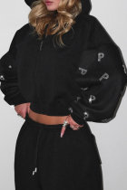 Black Hooded Rhinestone Letter Two-Piece Oversized Cropped Tracksuit