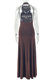 Dark Brown Elegant Solid Color Patchwork O Neck Long Dresses