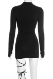 Green Turtleneck Lace-Up Cutout Dress Bodycon Long-Sleeve Mini