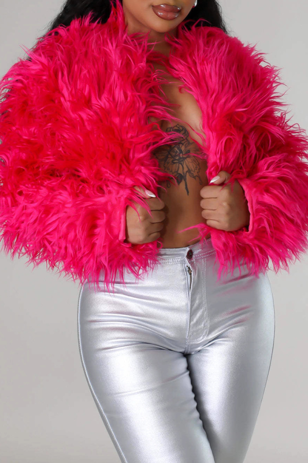 Red Feather Fringe Cropped Jacket Oversized Fluffy Open Front Top