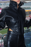 Black Stand-Collar Cropped Leather Jacket Loose-Sleeve Moto Coat