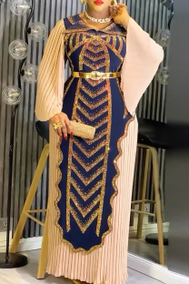 Deep Blue Plus Size Sequin Patchwork Belted Dress Pleated Sleeve Formal Gown