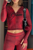 Red Hooded Zipper Printed Two-Piece Sheer Bodycon Set