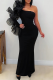 Black One-Shoulder Tulle Ruffle Maxi Bodycon Dress
