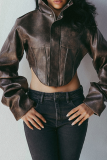 Black Stand-Collar Cropped Leather Jacket Loose-Sleeve Moto Coat