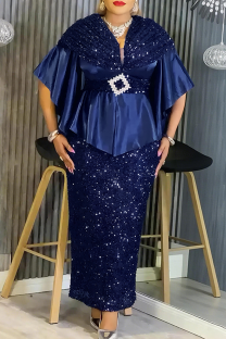 Deep Blue Sequin Cape Belted Dress Slit Slim Formal Maxi Gown