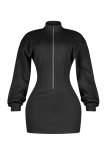 Cream White Stand-Collar Zip Oversized Sweatshirt Dress Fitted Mini