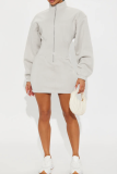 Cream White Stand-Collar Zip Oversized Sweatshirt Dress Fitted Mini