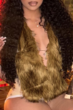Yellow Deep V Faux Fur Sleeveless Vest Short Stylish Waistcoat
