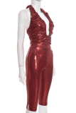 Burgundy Halter Ruched Crop Top & High-Waisted Capri Pants Two-Piece