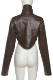 Black Stand-Collar Cropped Leather Jacket Loose-Sleeve Moto Coat