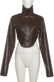 Black Stand-Collar Cropped Leather Jacket Loose-Sleeve Moto Coat