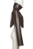 Black Stand-Collar Cropped Leather Jacket Loose-Sleeve Moto Coat