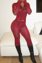 Red Hooded Zipper Printed Two-Piece Sheer Bodycon Set