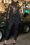 Black Stand-Collar Cropped Leather Jacket Loose-Sleeve Moto Coat