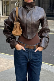 Black Stand-Collar Cropped Leather Jacket Loose-Sleeve Moto Coat