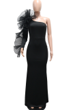 Black One-Shoulder Tulle Ruffle Maxi Bodycon Dress