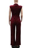 Burgundy Casual Solid Color Sequins O Neck Two Pieces