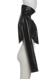 Black Stand-Collar Cropped Leather Jacket Loose-Sleeve Moto Coat