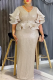 Champagne Elegant Solid Color Sequins V Neck Long Plus Size Dresses