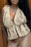 Yellow Deep V Faux Fur Sleeveless Vest Short Stylish Waistcoat