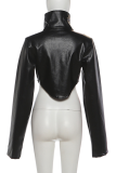 Black Stand-Collar Cropped Leather Jacket Loose-Sleeve Moto Coat