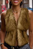 Yellow Deep V Faux Fur Sleeveless Vest Short Stylish Waistcoat
