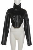 Black Stand-Collar Cropped Leather Jacket Loose-Sleeve Moto Coat
