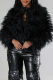 Black Feather Fringe Cropped Jacket Oversized Fluffy Open Front Top