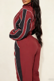 khaki Green Color-Block Stripe Cropped Jacket & Wide-Leg Pants Set Casual Sporty Two-Piece Outfit