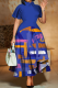 Blue Collar Contrast Botanical Print Midi Dress Retro Waist-Fit Flared Work Gown