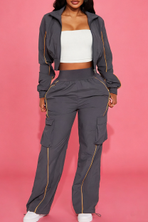 Grey Stripe-Accent Cropped Jacket & Cargo Pants Two-Piece Set Casual Edgy Outfit