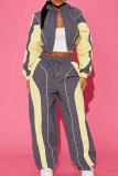 khaki Green Color-Block Stripe Cropped Jacket & Wide-Leg Pants Set Casual Sporty Two-Piece Outfit