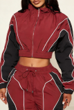khaki Green Color-Block Stripe Cropped Jacket & Wide-Leg Pants Set Casual Sporty Two-Piece Outfit