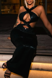 Black Halter Cross-Cutout Bodycon Maxi Dress Fitted Evening Gown