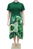 Green Collar Contrast Botanical Print Midi Dress Retro Waist-Fit Flared Work Gown