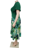Green Collar Contrast Botanical Print Midi Dress Retro Waist-Fit Flared Work Gown