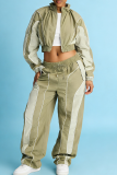 khaki Green Color-Block Stripe Cropped Jacket & Wide-Leg Pants Set Casual Sporty Two-Piece Outfit