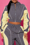 khaki Green Color-Block Stripe Cropped Jacket & Wide-Leg Pants Set Casual Sporty Two-Piece Outfit
