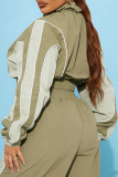 khaki Green Color-Block Stripe Cropped Jacket & Wide-Leg Pants Set Casual Sporty Two-Piece Outfit