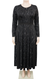 Black Textured Accent Long-Sleeve Waist-Fit Midi Dress Elegant Party Bodycon Gown