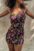 Black Multi-Color Floral Spaghetti Strap Mini Dress Vacation Bodycon Gown