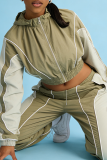 khaki Green Color-Block Stripe Cropped Jacket & Wide-Leg Pants Set Casual Sporty Two-Piece Outfit