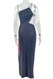 Black Red Black-Red Gradient One-Shoulder Cutout Midi Dress Edgy Party Bodycon Gown