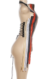 Colour Color-Block Zipper Striped Halter Top Edgy Cutout Corset Blouse