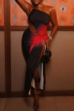 Black Red Black-Red Gradient One-Shoulder Cutout Midi Dress Edgy Party Bodycon Gown