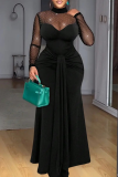 Black Mesh Rhinestone Ruched Maxi Dress Sexy Elegant Party Gown