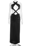 Black Halter Cross-Cutout Bodycon Maxi Dress Fitted Evening Gown