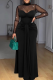 Black Mesh Rhinestone Ruched Maxi Dress Sexy Elegant Party Gown